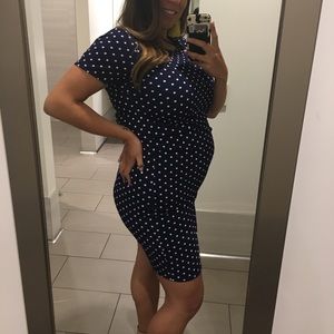 MATERNITY polka dot white and navy dress.